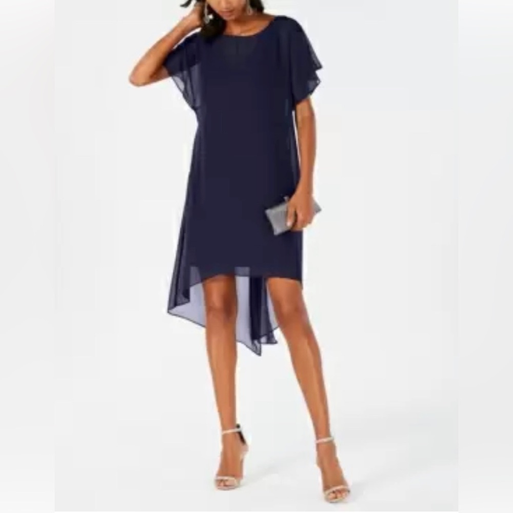 Adrianna Papell Chiffon Overlay Draped Dress Sz Medium Navy New With Tags